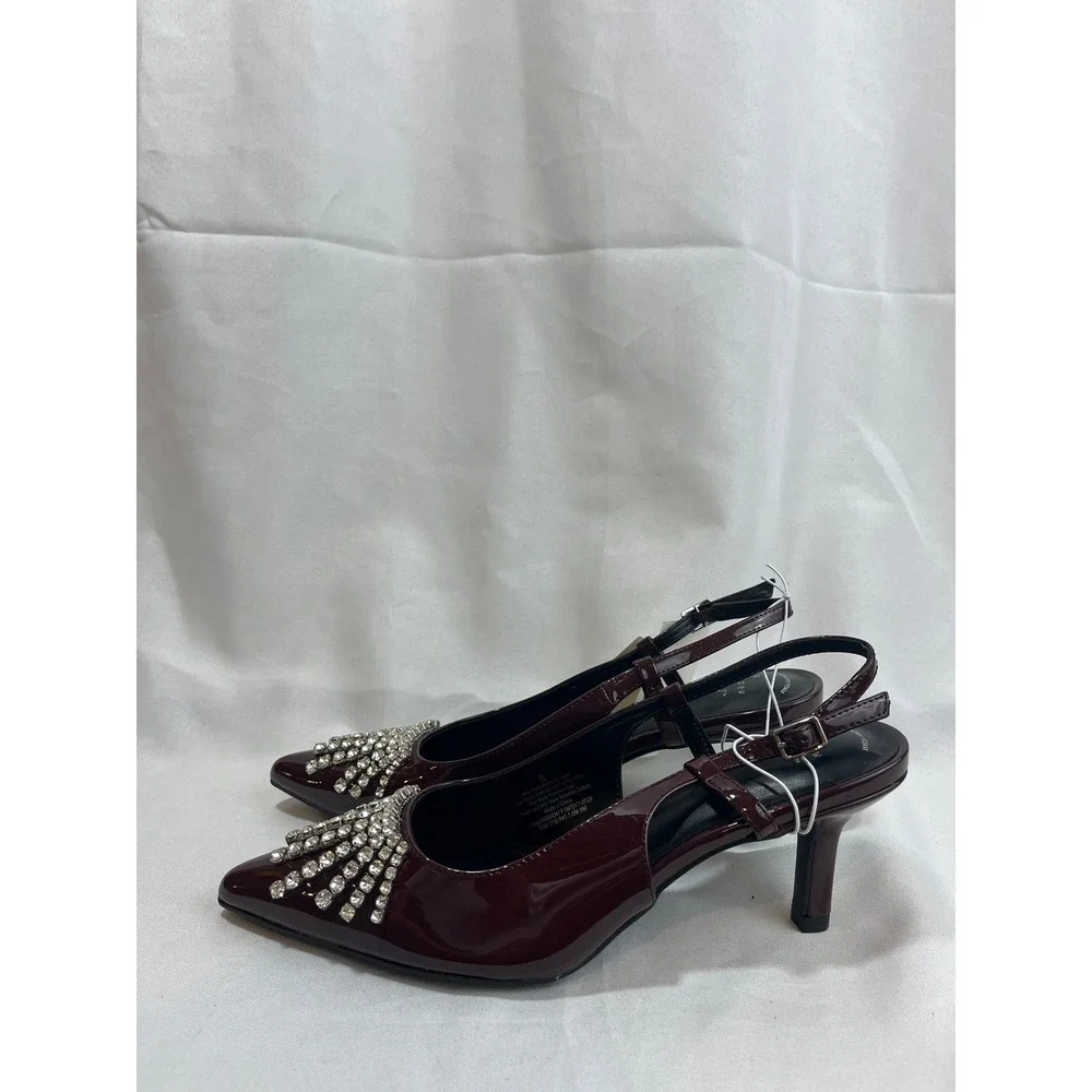 A New Day‎ Burgundy Patent Rhinestone Slingback Kitten Heels Size 8 Pointed Toe